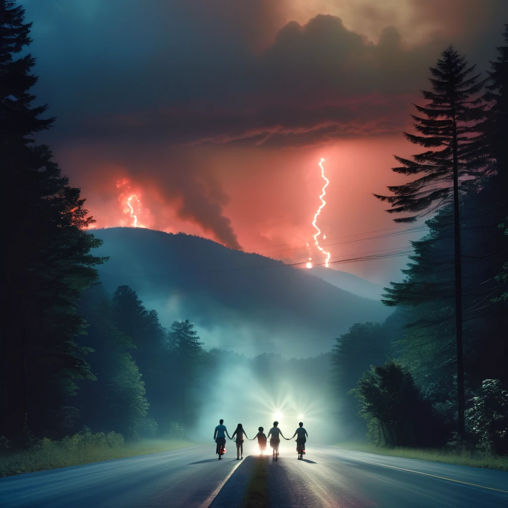 cinematic photo Gregory Crewdson Style - driving through the smoky mountains at night Gregory crewdson, a group of adults holding hands blocking the road, creepy and dark, observ giant monster style stranger things 2 poster red light glowing in the sky . 35mm photograph, film, bokeh, professional, 4k, highly detailed