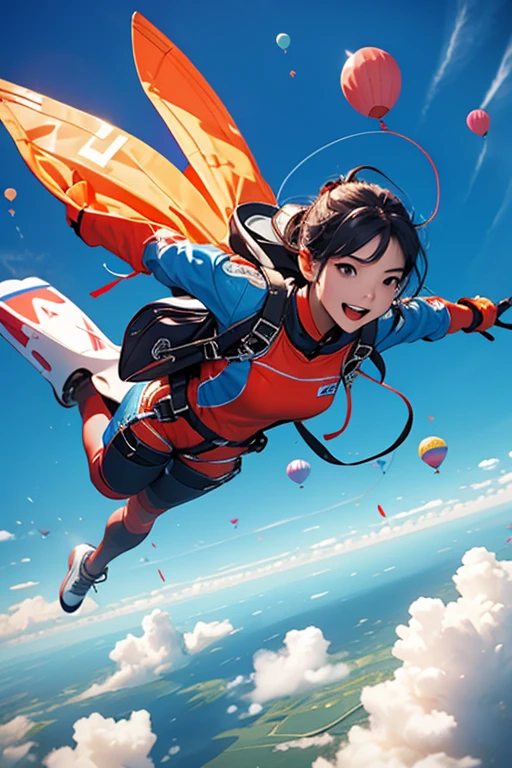 Highest quality、masterpiece、High sensitivity、High resolution、Detailed Description、Slender women、sky diving、Balloon in the distance、