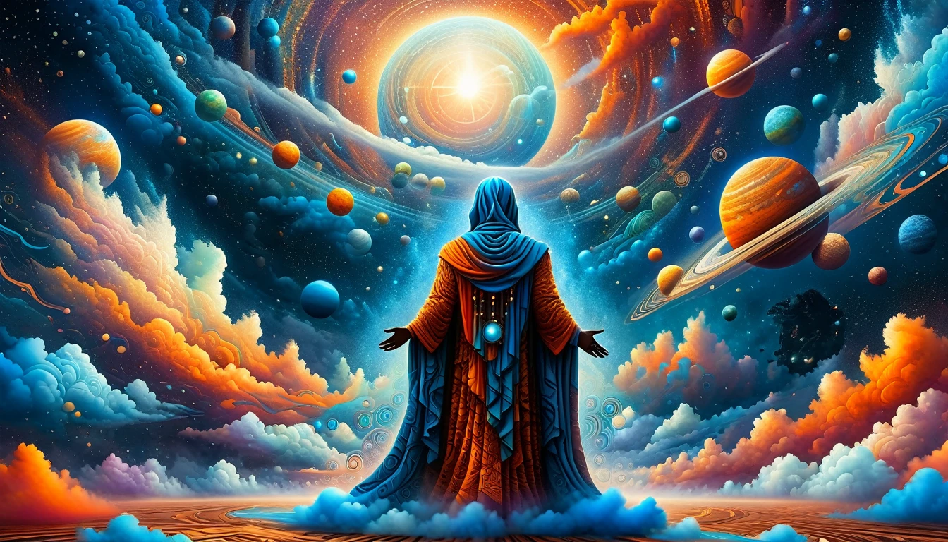 Create a woodcut style image digital art surreal art that depicts a mystical figure with divine characteristics, the figure is one chosen by the gods of spirituality,the figure is shrouded in clouds looking at the planets and ancestral signs,figure has a crowd of people around him who look at him with surprise and admiration, Use a vibrant color palette, including blue, oranges and whites, to create heavenly contrast and a stunning visual effect