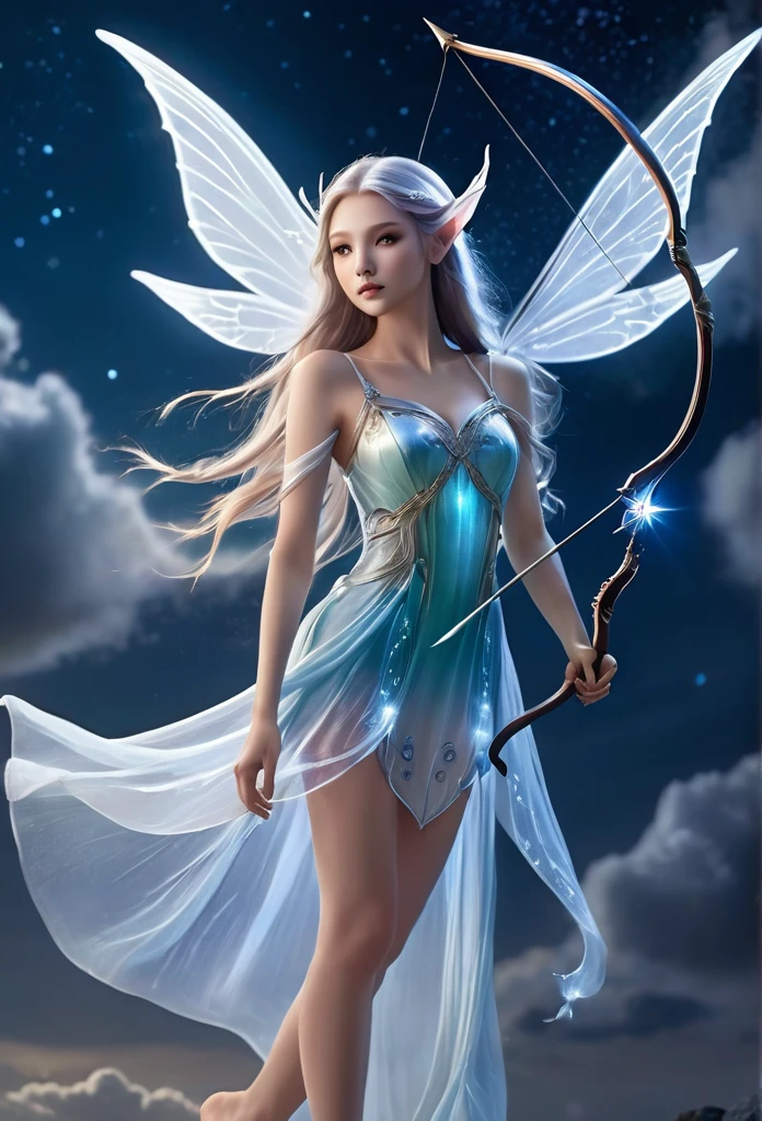 under a wonderful moonlight,clouds,stars,a beautiful fairy(((full body )))ethereal,translucent wings,long elf ear,gracefully shoots an arrow,beautiful fairy,long hair,short flowing dress,best quality,hyper detailed ,perfect anatomy, fantasy illustration,work of art,charming scenery,delicate,extraordinary beauty.