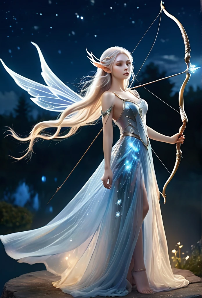 under a wonderful moonlight,clouds,stars,a beautiful fairy(((full body )))ethereal,translucent wings,long elf ear,gracefully shoots an arrow,beautiful fairy,long hair,short flowing dress,best quality,hyper detailed ,perfect anatomy, fantasy illustration,work of art,charming scenery,delicate,extraordinary beauty.