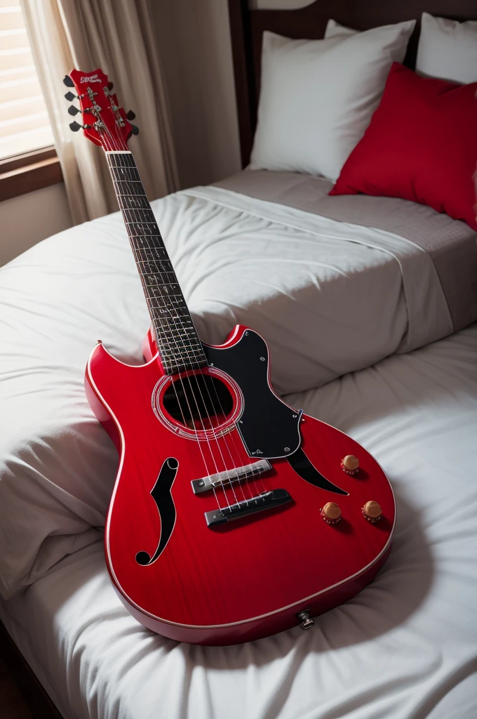 A red guitar on the bed