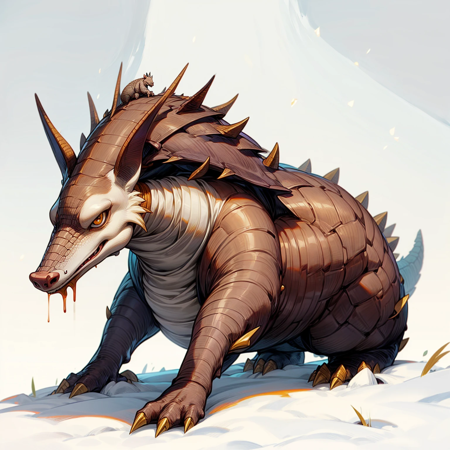 1animal, Mixed animal Evolution, Full body version, dragon mixed with Armadillo, gold eyes, has long horns, Grassroots, full background in snow, (dragon ball style art)