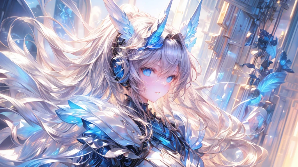 ((super detailed),sky background,beautiful clouds,The light from the back window is backlit.,element,Watercolor pattern in calm colors),(watercolor texture), ((1 girl),long gray hair,blonde hair,blue eyes,adorable,Angelic),light smile,lolita prostitute,best image quality