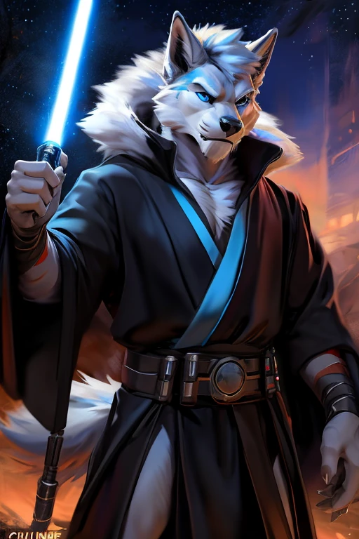 Furry, solo, anthro, male, icy blue eyes, white fur, dominant look, black robes, dual lightsaber, shistavanen, werewolf, Star Wars, Jedi, Chunie