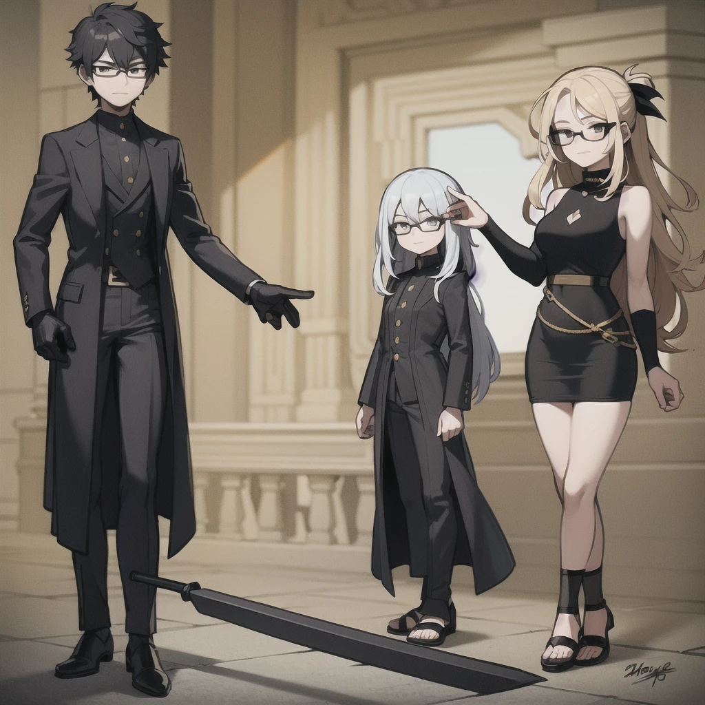 man,Swordsman,Height 169cm,Wear glasses,Black long-sleeved dress, black pants, fashion sandals,((With 5 inches))