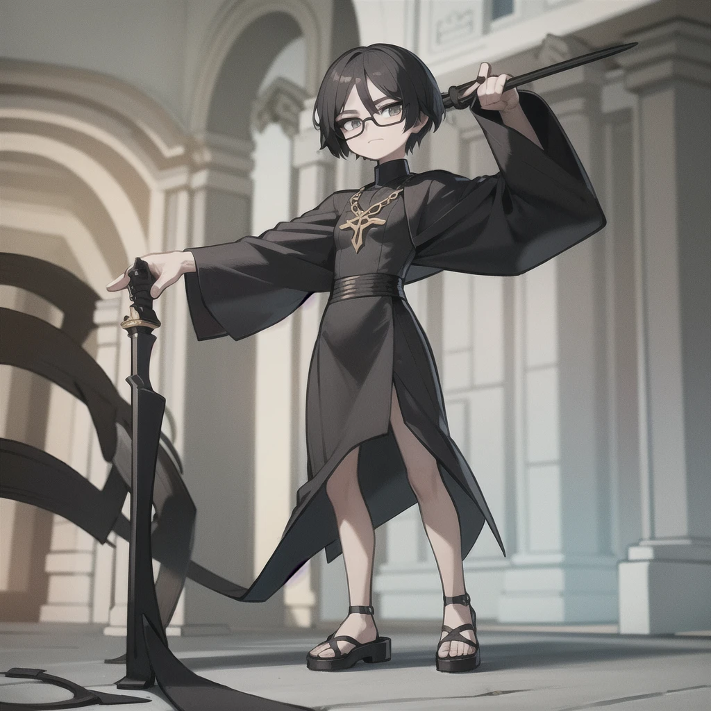 man,Swordsman,Height 169cm,Wear glasses,Black long-sleeved dress, black pants, fashion sandals,((With 5 inches))