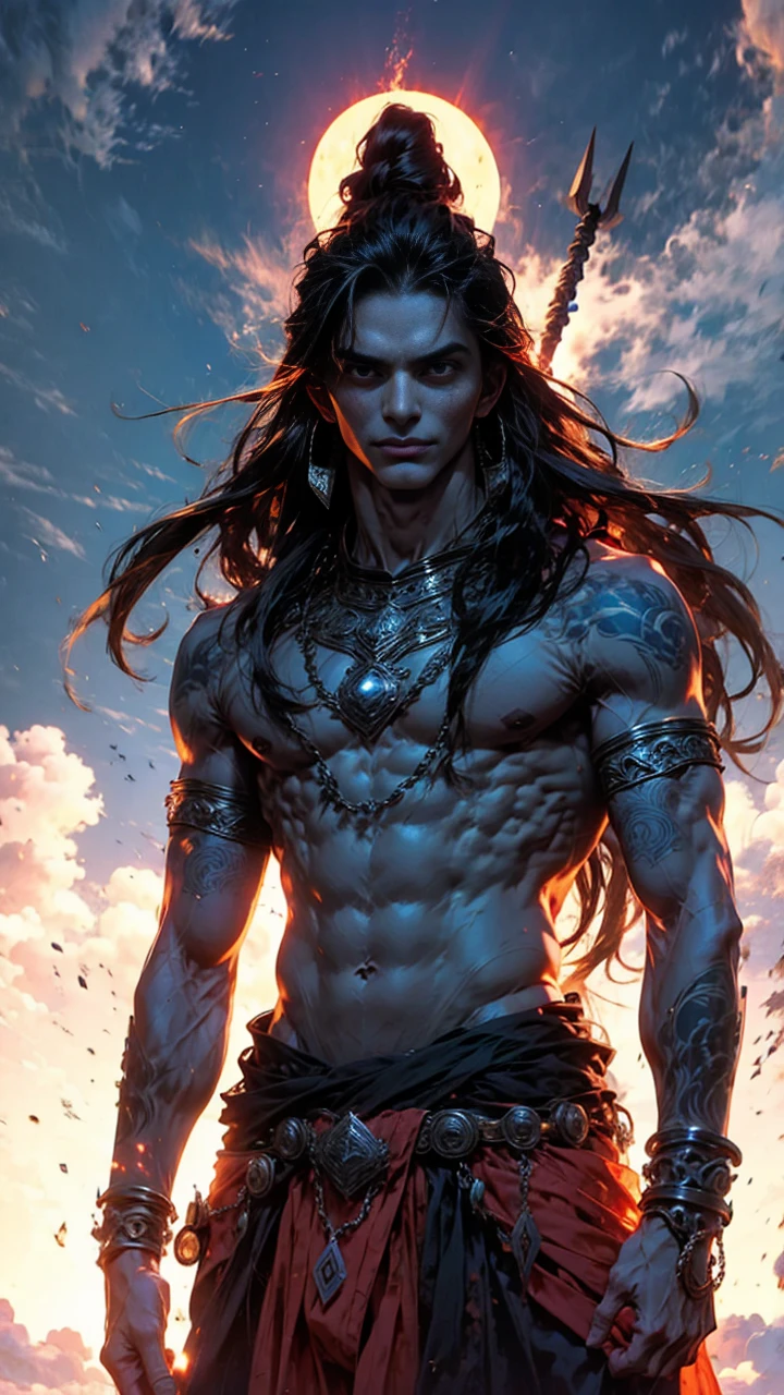 Larger than image of india man long hair fighting stance , ling hair, trident, spear