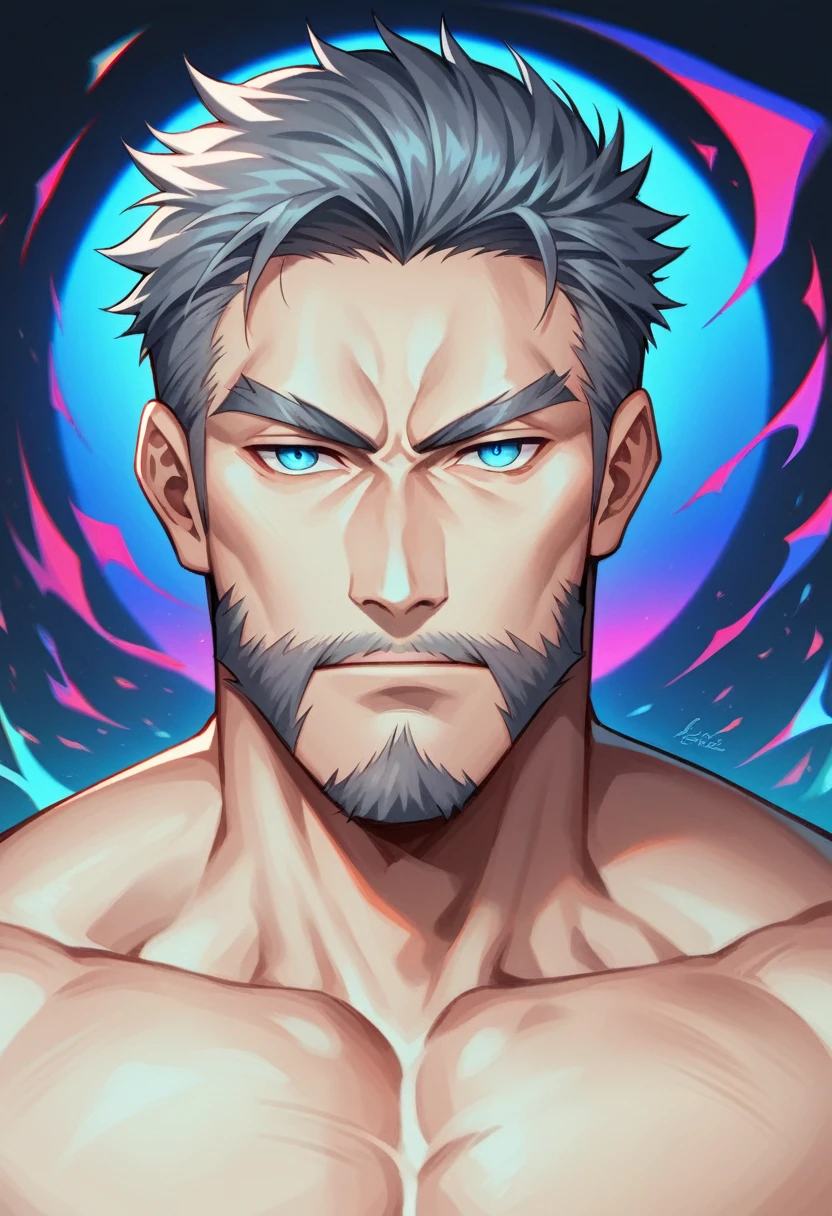 a 30 year old man, 2 day beard, handsome anime, portraits, strong, masculine, dark grey hair, sharp jawline, mesmerizing blue eyes, perfectly styled hair, cool anime outfit, confident expression, vibrant colors, dynamic lighting. (CEO and expression confident)