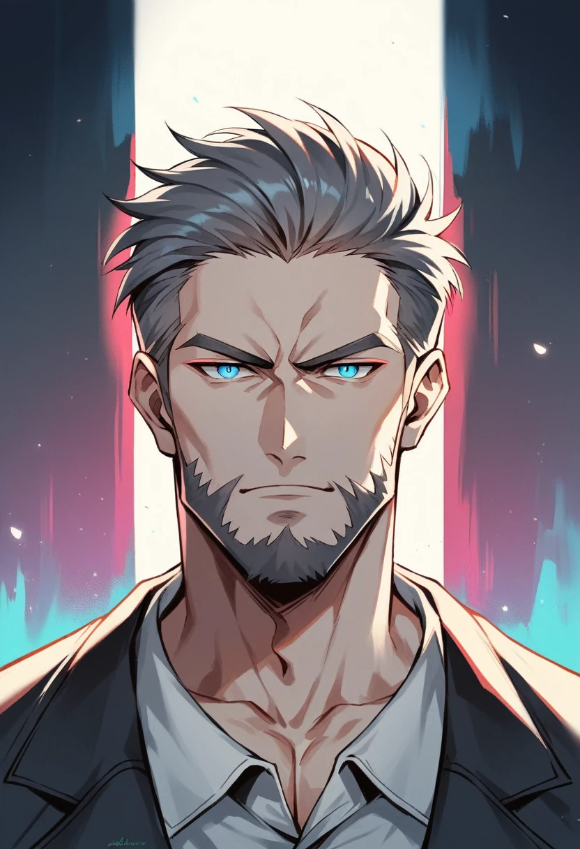 a 30 year old man, 2 day beard, handsome anime, portraits, strong, masculine, dark grey hair, sharp jawline, mesmerizing blue eyes, perfectly styled hair, cool anime outfit, confident expression, vibrant colors, dynamic lighting. (CEO and expression confident)
