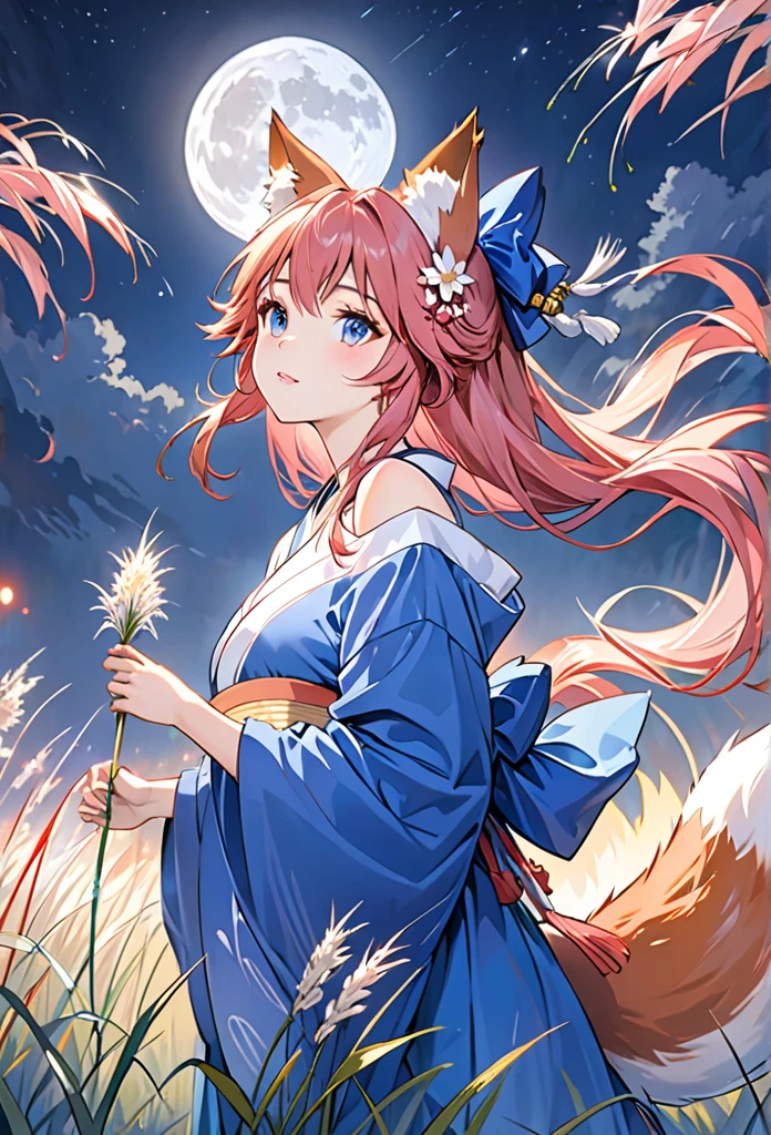 ((masterpiece,highest quality, be familiar with)),
night sky,full moon,Japanese silver grass field, Looking up at the sky in the upper left, Upper body,tamamo no mae, pink hair,kimono, tall,Blue Bow, kimono, very long hair, ((Three Tails,thick,Fox Tail)), Wide sleeves, off shoulder, hair ornaments, bell, A fleeting look,