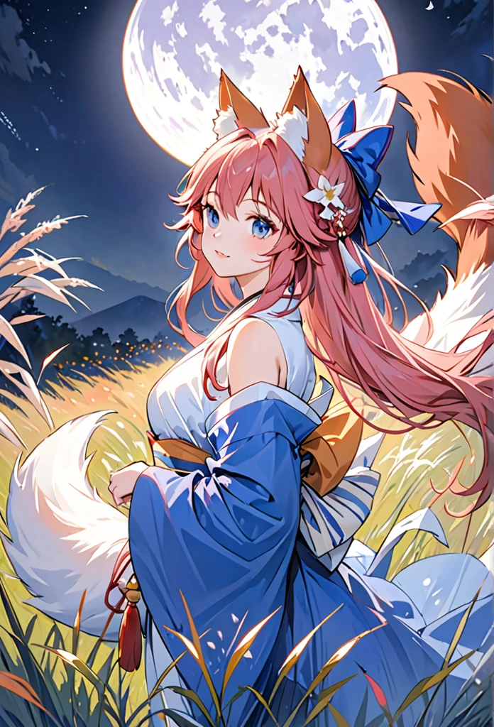 ((masterpiece,highest quality, be familiar with)),
night sky,full moon,Japanese silver grass field, Looking up at the sky in the upper left, Upper body,tamamo no mae, pink hair,kimono, tall,Blue Bow, kimono, very long hair, ((Three Tails,thick,Fox Tail)), Wide sleeves, off shoulder, hair ornaments, bell, A fleeting look,