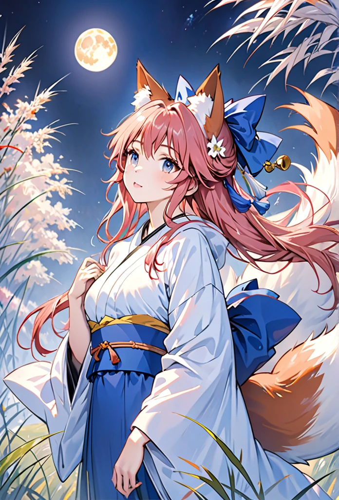 ((masterpiece,highest quality, be familiar with)),
night sky,full moon,Japanese silver grass field, Looking up at the sky in the upper left, Upper body,tamamo no mae, pink hair,kimono, tall,Blue Bow, kimono, very long hair, ((Three Tails,thick,Fox Tail)), Wide sleeves, off shoulder, hair ornaments, bell, A fleeting look,