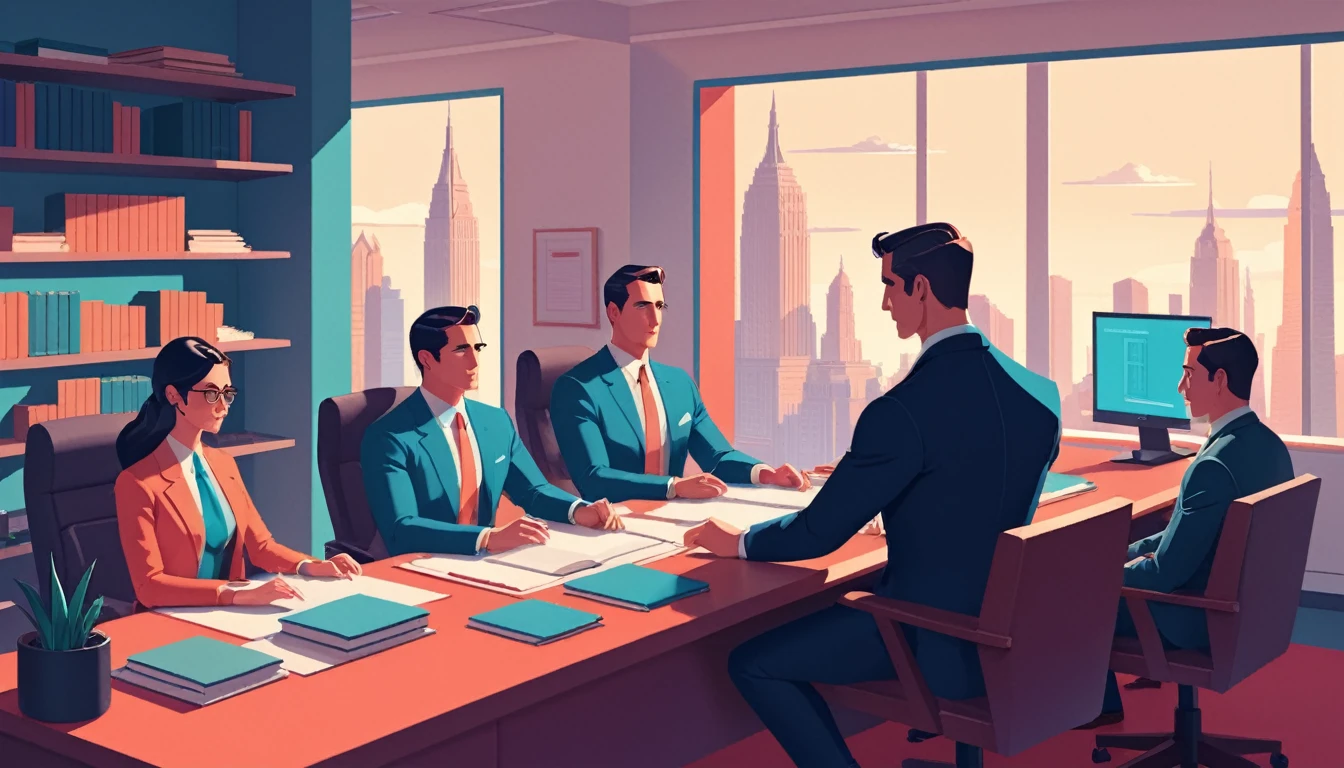 isometric style in the style of James Gilleard a man, lawyer and some other lawyers sitting at a desk in the office, law office, in style of james gilleard, digital illustration -, atey ghailan 8 k, stylized digital illustration, flat illustration, in style of atey ghailan, detailed 2d illustration, james gilleard artwork, by Atey Ghailan, by James Gilleard, jen bartel, in style of digital illustration,(Provia:1.3) . vibrant, beautiful, crisp, detailed, ultra detailed, intricate