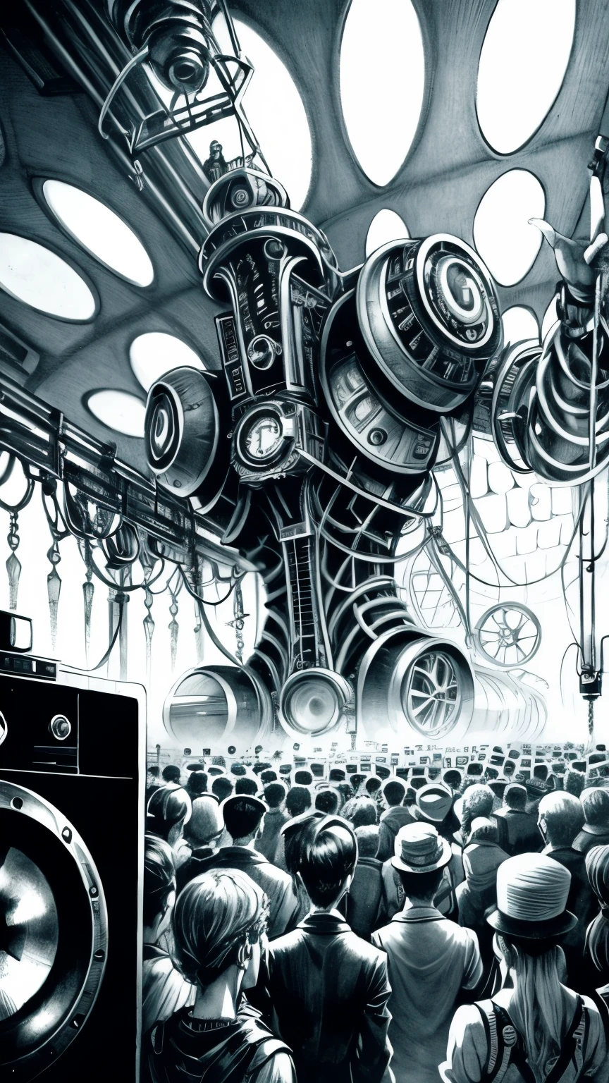 pencil drawing in steampunk style of a rave party with lots of people and a large sound system blasting with technology in the cybernetic forest