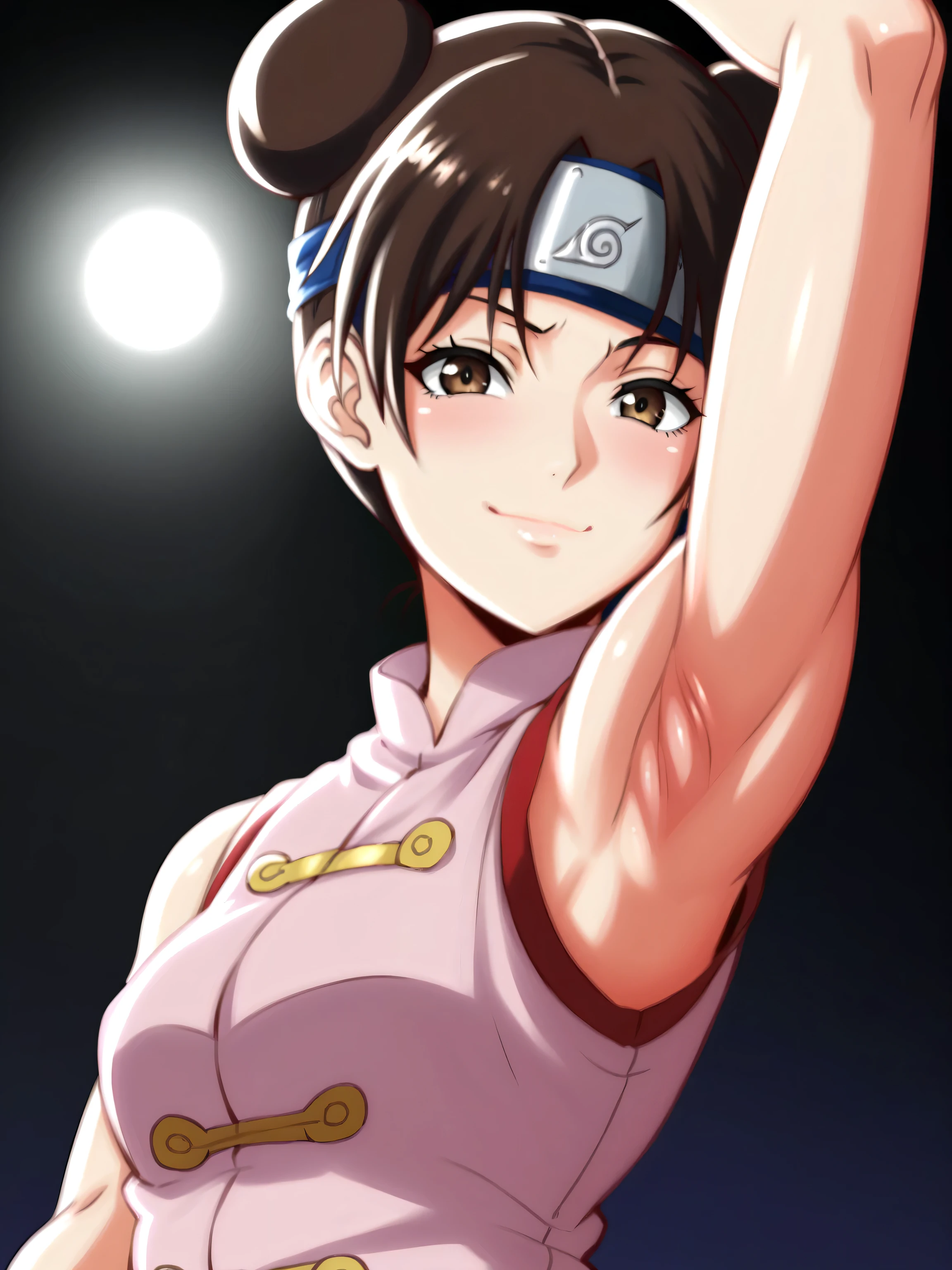 ytenten, brown eyes, brown hair, short hair, double bun, forehead protector, konohagakure symbol, sleeveless shirt, sleeveless, bare shoulders, bare arms, 1girl, solo, anime screencap, frontlighting, (simple background, black background, dark background:1.3), masterpiece, absurdres, hdr, soft light, best quality, detailed, highres, shiny skin, shiny hair, (looking at viewer, eye contact with viewer:1.3), (smile:1.2), closed mouth, (smug:0.8), light blush, arm up, raised arm, armpit, score_8_up, score_7_up, from side, from below