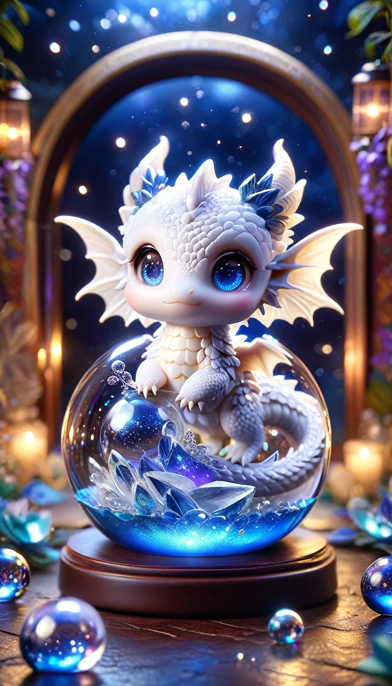 Absurd, High resolution, Super detailed, High resolution, masterpiece, Highest quality, ( Trapped in a crystal ball) Little white dragon, Expressive blue eyes, White eyelashes, blue horns, wing, Fantasy Magic Background, Sparkling, The Shining, Purple Lightning, Floating round light, Starry sky, Empty