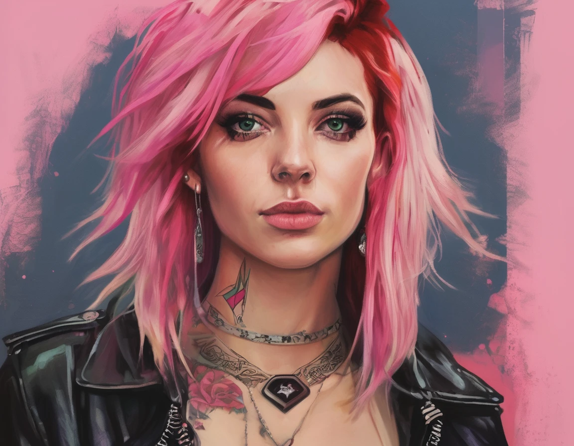 Young adult woman 22 years realistic, sexy with medium tits, modern punk style similar to harley queen, with long blonde and a little pink hair, with a broken heart tattoo on the neckline for the profile image