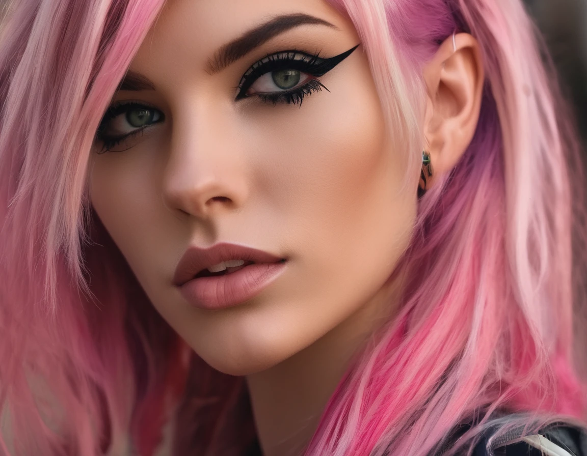 Young adult woman 22 years realistic, sexy with medium tits, modern punk style similar to harley queen, with long blonde and a little pink hair, with a broken heart tattoo on the neckline for the profile image