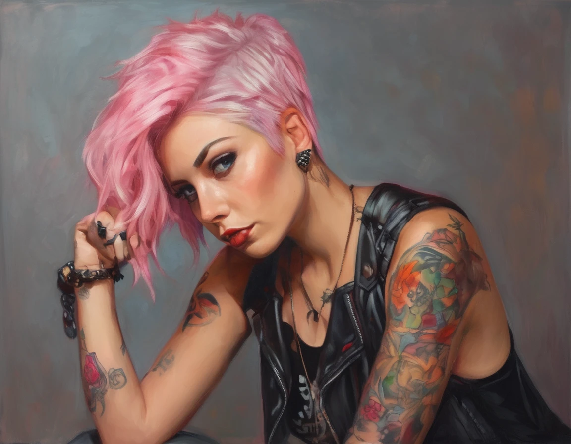 Young adult woman 22 years realistic, sexy with medium tits, modern punk style similar to harley queen, with long blonde and a little pink hair, with a broken heart tattoo on the neckline for the profile image