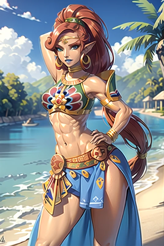 masterpiece, best quality,dynamic pose, solo, absurdres,scenery,        GAME_Gerudo_urbosa_aiwaifu, aiwaifu69,tall_female,Urbosa, abs, armor, blue lips, very long hair, circlet, crop top, dark-skinned female, dark skin, earrings, green eyes, hoop earrings, jewelry, long hair, long skirt, makeup, midriff, muscular, muscular female, narrowed eyes, navel, neck ribbon, pointy ears, print skirt, red hair, ribbon, shoulder armor, side slit, swept bangs, tan, wide ponytail, big hair, large breasts, wide hips, toned, curvy, gerudo,