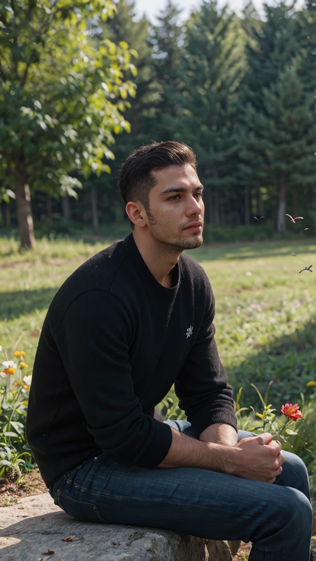 real image of a 30 year old model Turkish man with short beard and short black hair sitting on a stone in a field of few trees surrounded by butterflies and flowers, red mushrooms, 4k HD real image, High Definition, remove cgi, remove 3d. natural and realistic skin. photorealism style. full body angle. ultra real image. sharp and true focus.