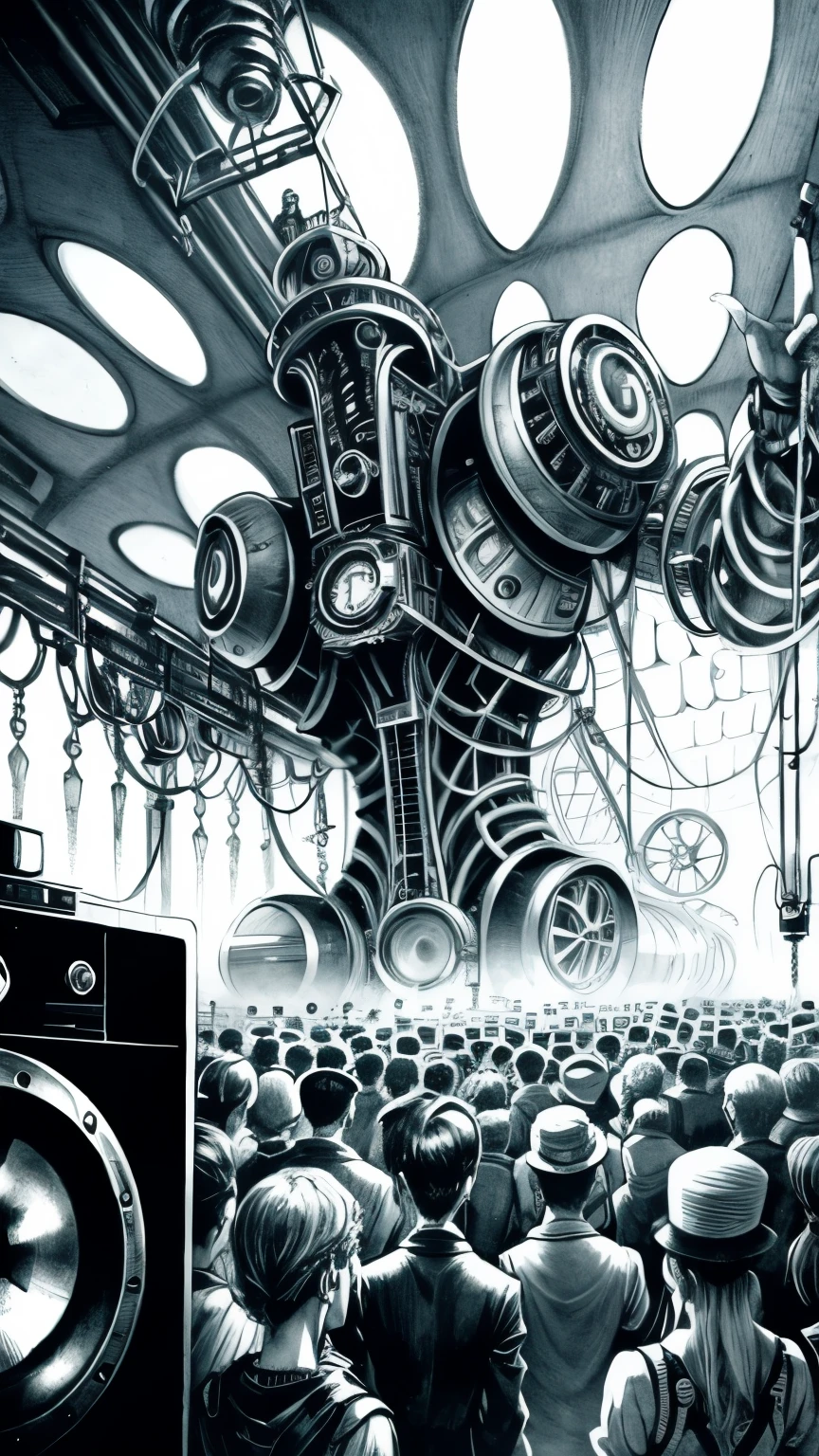 pencil drawing in steampunk style of a rave party with lots of people and a large sound system blasting with technology in the cybernetic forest