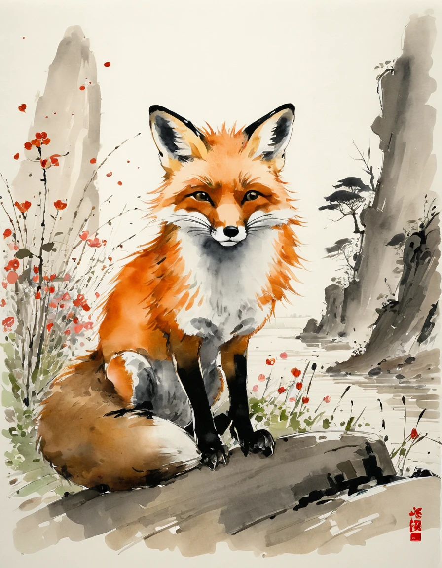 by Wu Guanzhong, ink and wash, fox, (by Zootopia:0.6), (best quality, perfect masterpiece, Representative work, official art, Professional, high details, Ultra intricate detailed:1.3)