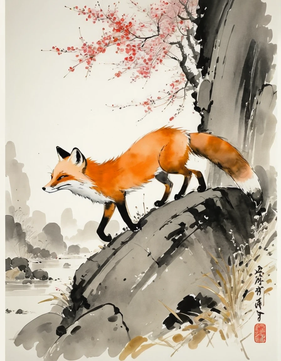by Wu Guanzhong, ink and wash, fox, (by Zootopia:0.6), (best quality, perfect masterpiece, Representative work, official art, Professional, high details, Ultra intricate detailed:1.3)