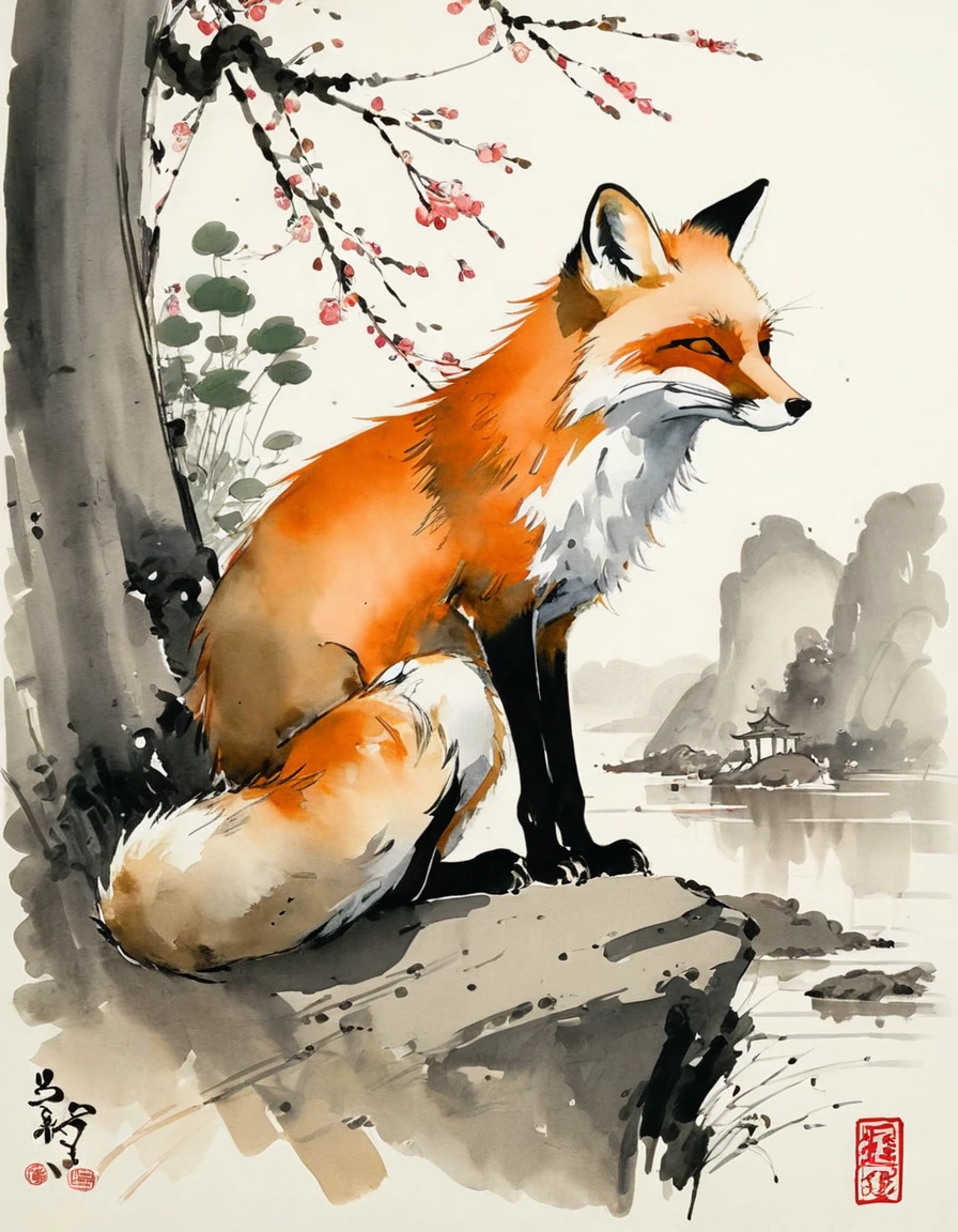 by Wu Guanzhong, ink and wash, fox, (by Zootopia:0.6), (best quality, perfect masterpiece, Representative work, official art, Professional, high details, Ultra intricate detailed:1.3)