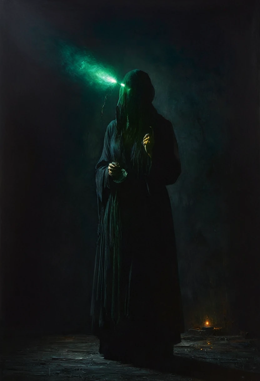 painting of a envy, dark atmosphere, cinematic scene, volumetric lights, ultra realistic, in the style of nicola samori