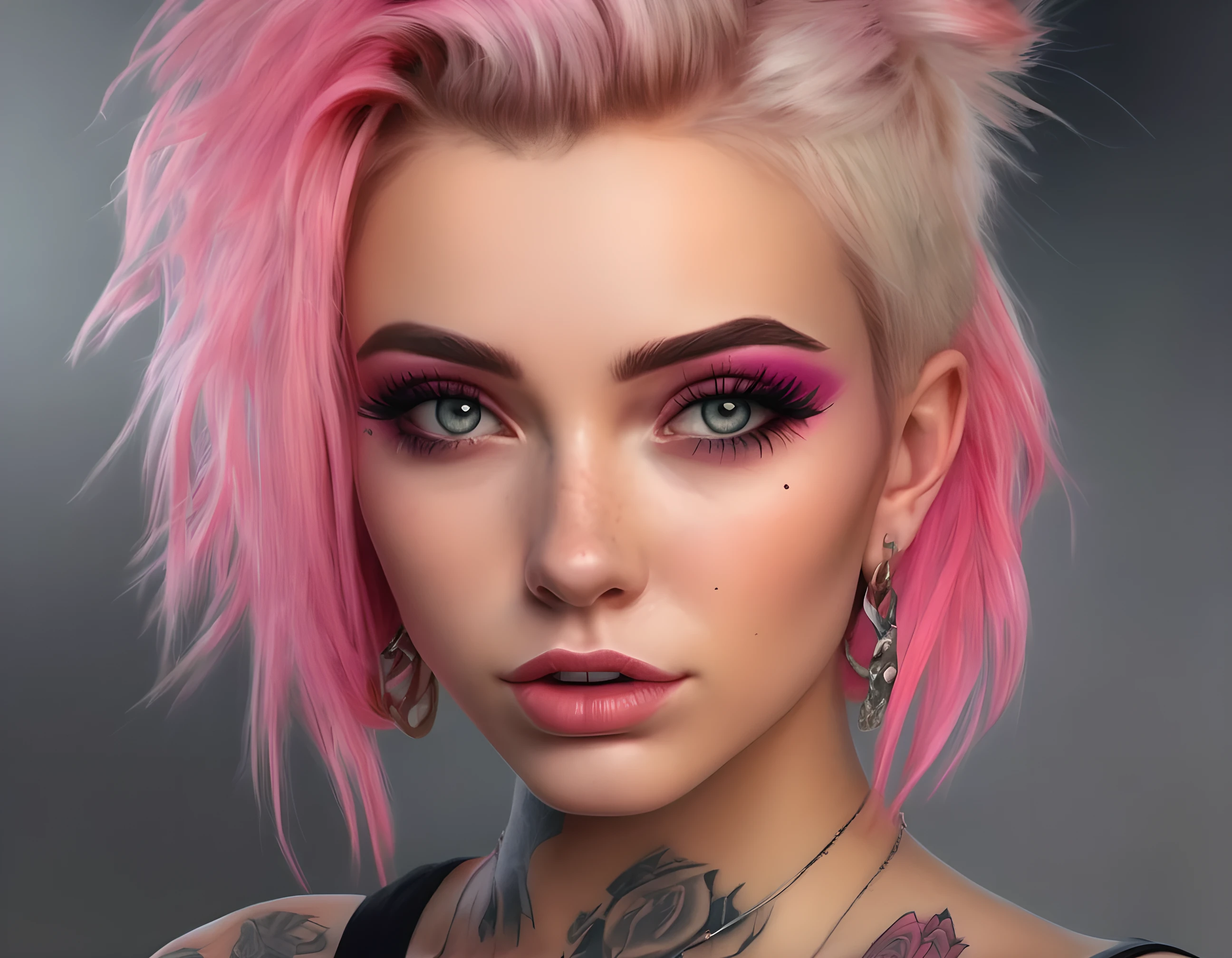 Young adult woman 22 years realistic, sexy with medium tits, modern punk style similar to harley queen, with long blonde and a little pink hair, with a broken heart tattoo on the neckline for the profile image