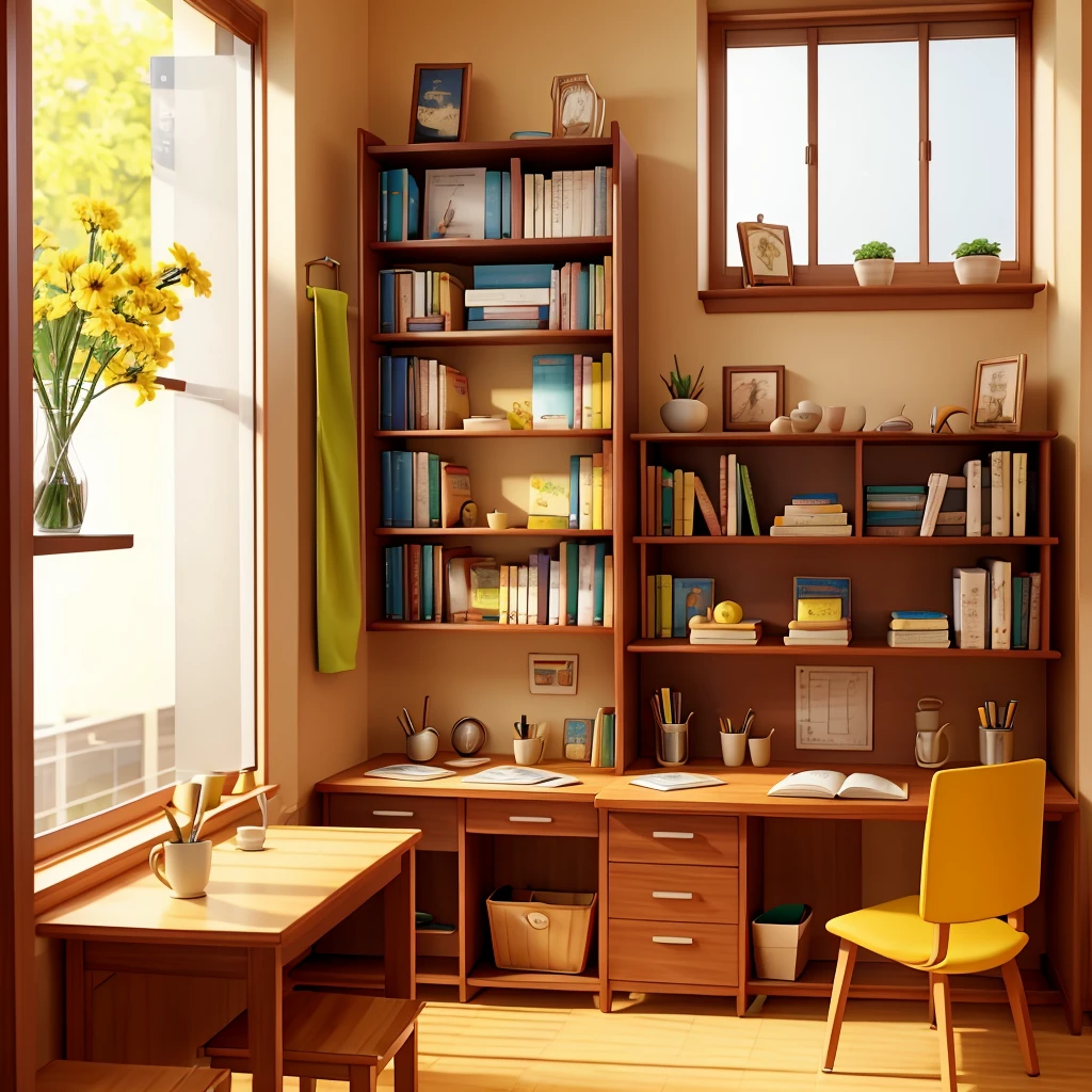 Study room with wooden table and cup of coffee and open book sude book shelf in and open window with yellow antum season 