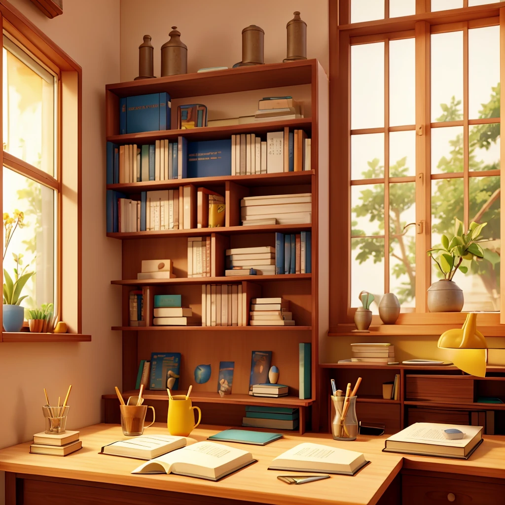 Study room with wooden table and cup of coffee and open book sude book shelf in and open window with yellow antum season 