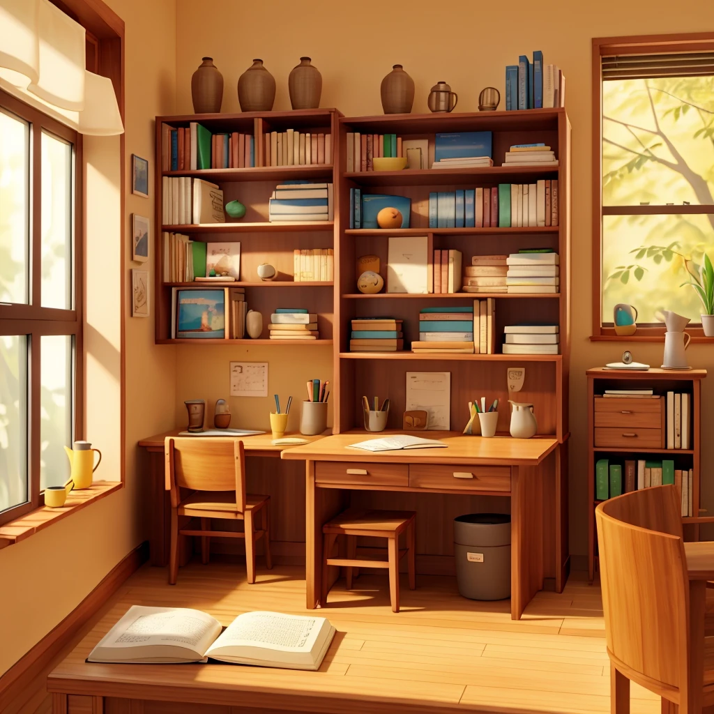 Study room with wooden table and cup of coffee and open book sude book shelf in and open window with yellow antum season