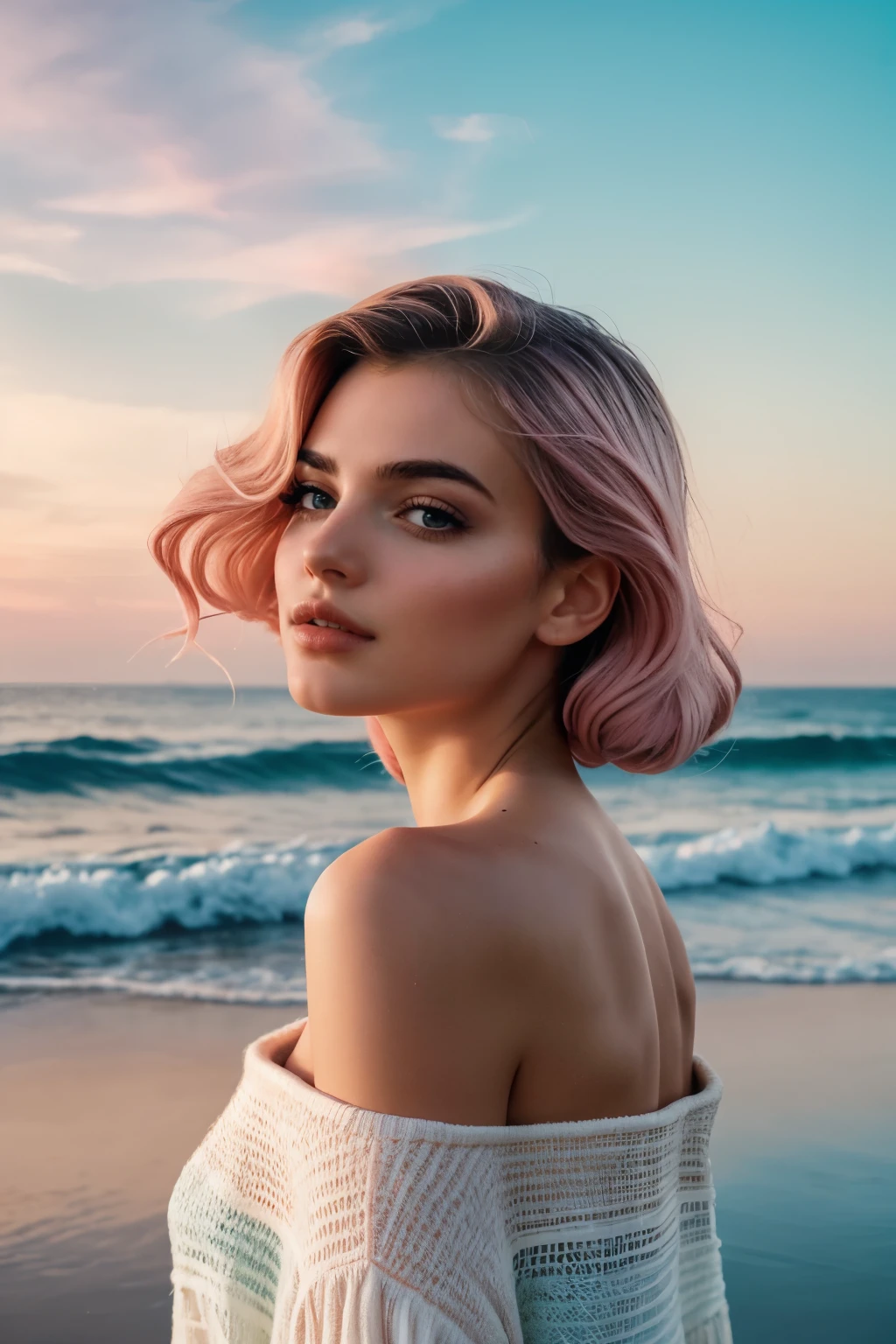 A sensual woman with cascading waves and a soft pink lip color, set against a dreamy pastel sky.