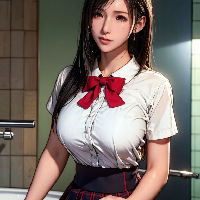 (masterpiece, best quality:1.2), in the bath , wet clothes, soaked, wet hair, wet skin, translucent, glistening with oil , dishevelled , solo, 1girl, school girl uniform , steam , plaid skirt , pleated skirt , The shirt is tight. , white shirt , school girl , red bow , red knot , highly detailed photo of Tifa Lockhart , red eyes, intricate, highres, 8k, detailed hair , wet and sweaty , wet white shirt , clothes were so wet that her breasts could be seen , Nipples can be seen through , Soak in water ,