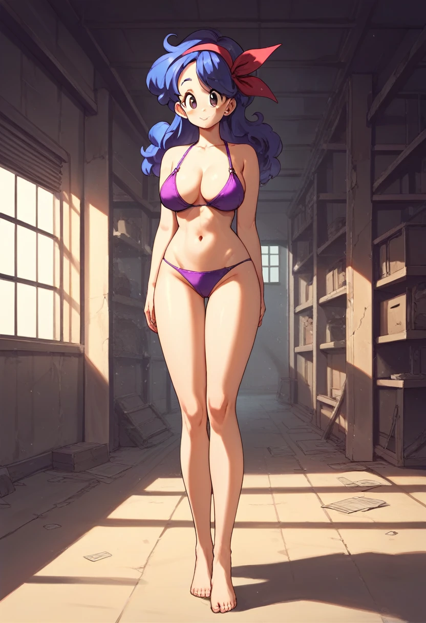 Masterpiece, best quality, Masterpiece, best quality, 1 woman, Lunch , wavy blue hair , sly face , purple bikini , big breasts , abdomen , Long legs , Put your hands on your hips.. , Barefoot , full body , abandoned factory , at night