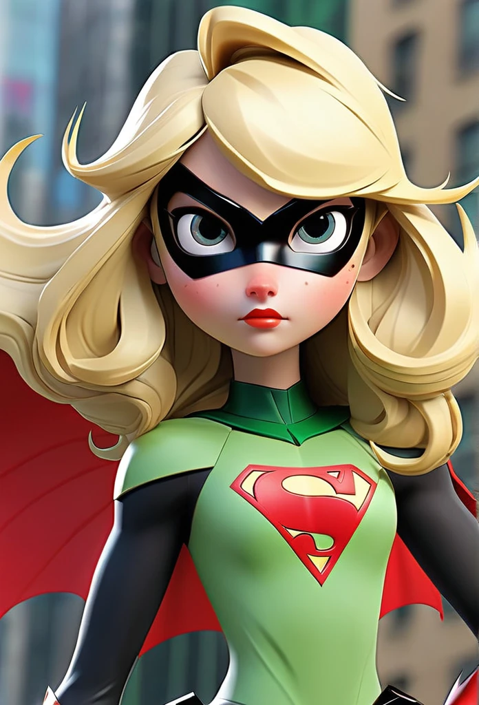 long, straight, blonde-haired, with bangs, Green there is a superhero mask with a red black spot in front of his eyes.She has a red-colored, black-spot dress on top, a superhero girl with bug wings behind her dress