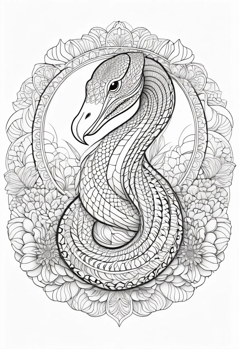 A striking black and white line art coloring page designed for adults with white background, featuring a majestic King Cobra in a mandala-inspired style. The King Cobra is adorned with intricate patterns that include floral and geometric designs, making it an engaging and detailed work of art. The illustration focuses on crisp, clean lines and bold outlines, without any shading or color, allowing the user to bring their own vibrancy to the piece. The minimalistic design, with its thick lines and absence of background details, creates a soothing coloring experience for adults seeking calming and creative activities. illustration