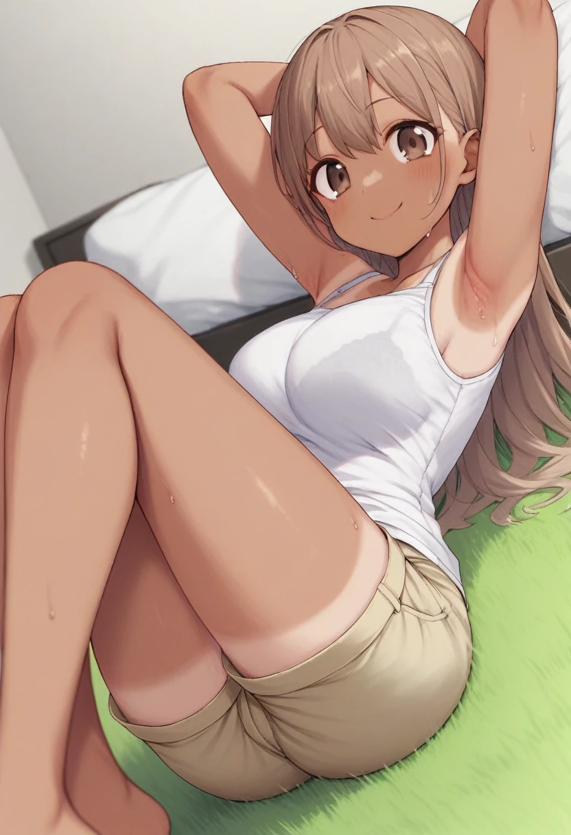 ((best quality)), ((masterpiece)), (detailed), perfect face, young teen, , animestyle, laying with her back to her bed on her back, hands wrapped around thigh, legs and feet straight in the air, beautiful skin, no clothes, open mouth, eyes rolling back, open eyes, blush, on a bed, view from front of bed, small breasts, nipple slips, small butt, oiled skin