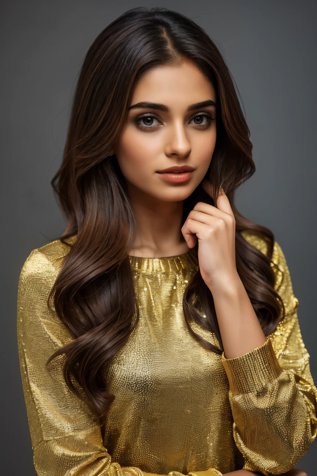 Indian female Instagram model(masterpiece,best quality, ultra realistic,32k,RAW photo,detail skin, 8k uhd, dslr,high quality, film grain:1.5),
long hair, Golden brown hair:1.1,portrait,lady, brown eyes, deep red Patterned Socks with Dress Shoes., freckles,
(Mosaic print gradient background,led light, edge light, simple background)