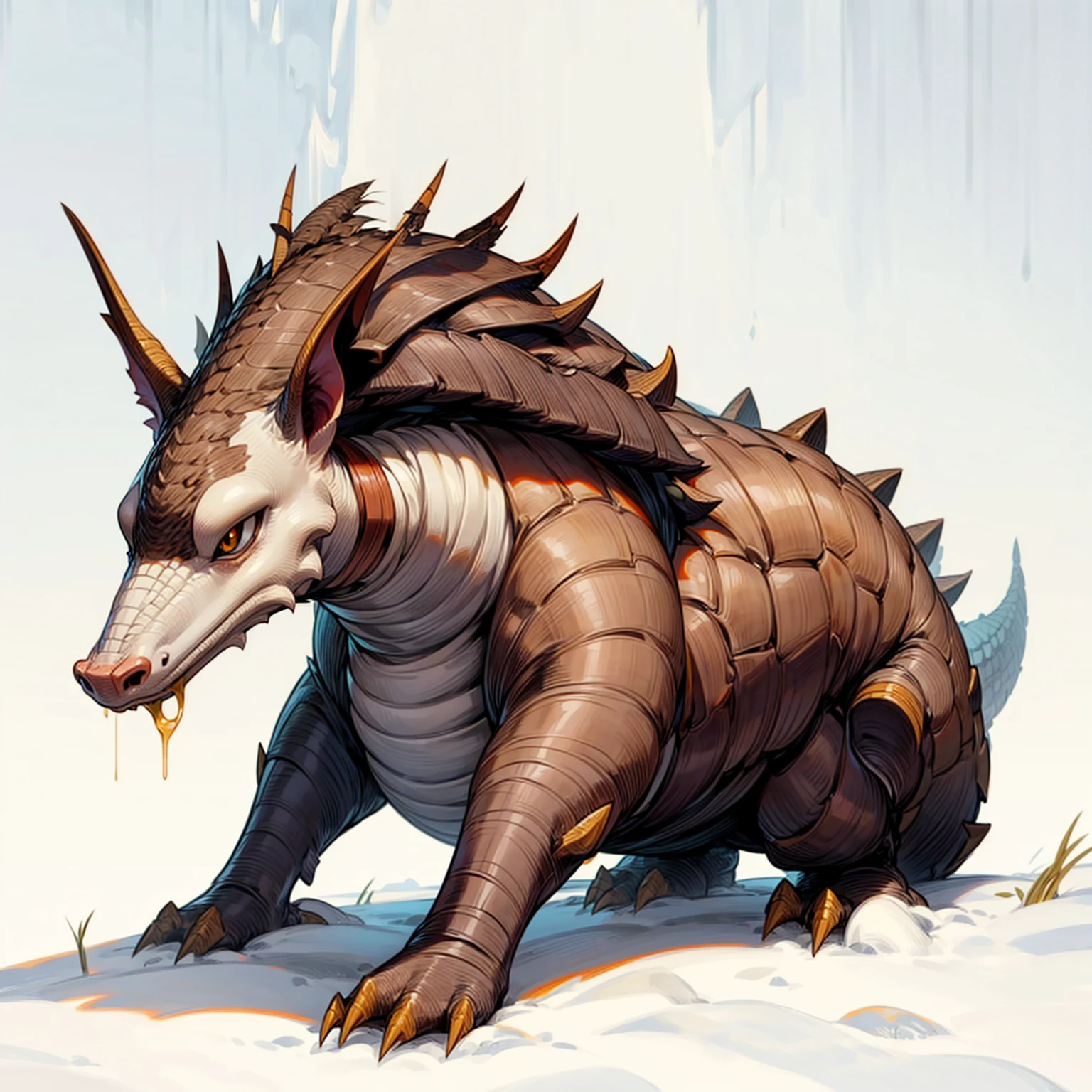 1animal, Mixed animal Evolution, Full body version, dragon mixed with Armadillo, gold eyes, has long horns, Grassroots, full background in snow, (dragon ball style art)
