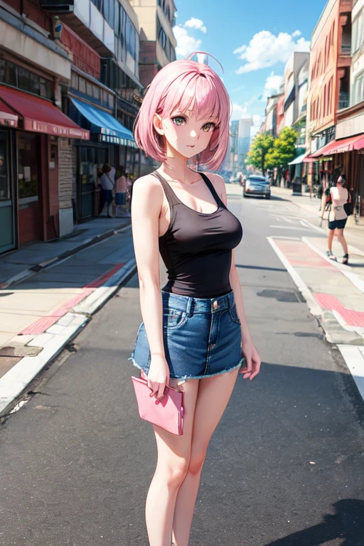 create an anime girl in a short denim skirt and a pink tank top 21 years old in an urban landscape