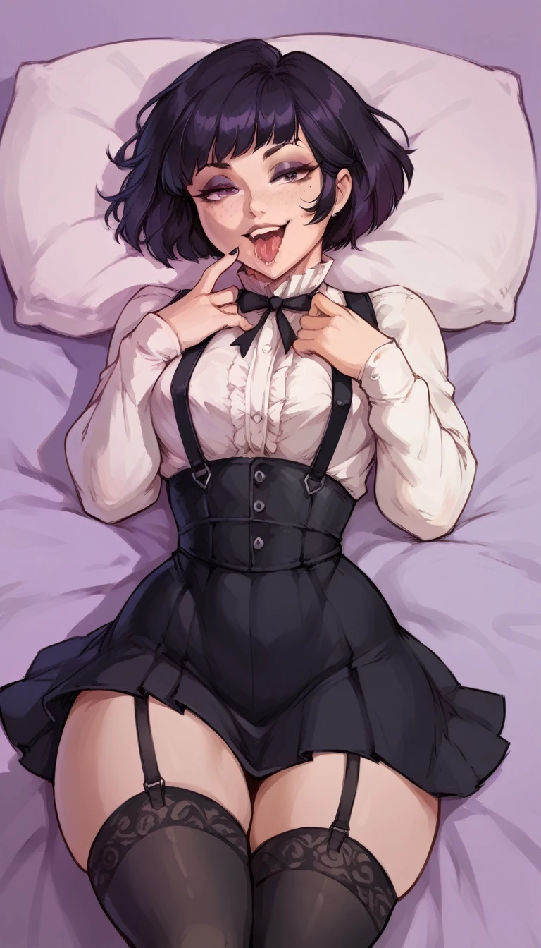 (solo) woman, short bob hair, woman, attractive, , goth,  ((long sleeve blouse)) with ((high waist skirt)), suspenders, black stockings,  thick body, ,, thicc, freckles, freckles on face, smug eyes, (happy sexual expression, moaning with open mouth and tongue out viseble saliva), she is laying on the bed look to the viewer , on back, violet background, simple background, thick thighs  (front view)