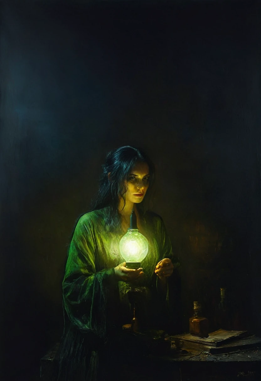 painting of a envy, dark atmosphere, cinematic scene, volumetric lights, ultra realistic, in the style of nicola samori