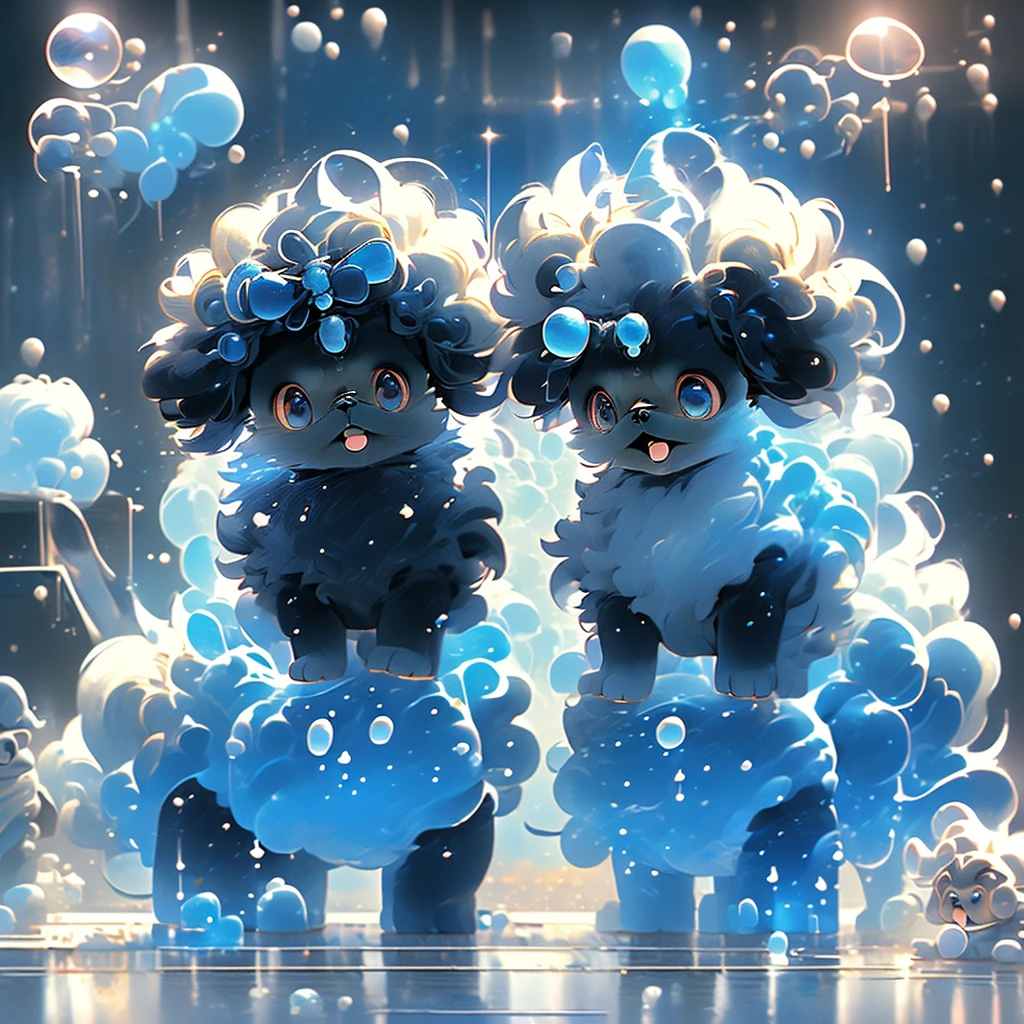 2  black Shih Tzu puppies with blue eyes, wearig goggles,  covered in shampoo bubbles, happy, playful, excited, vibrant bubbles in back ground