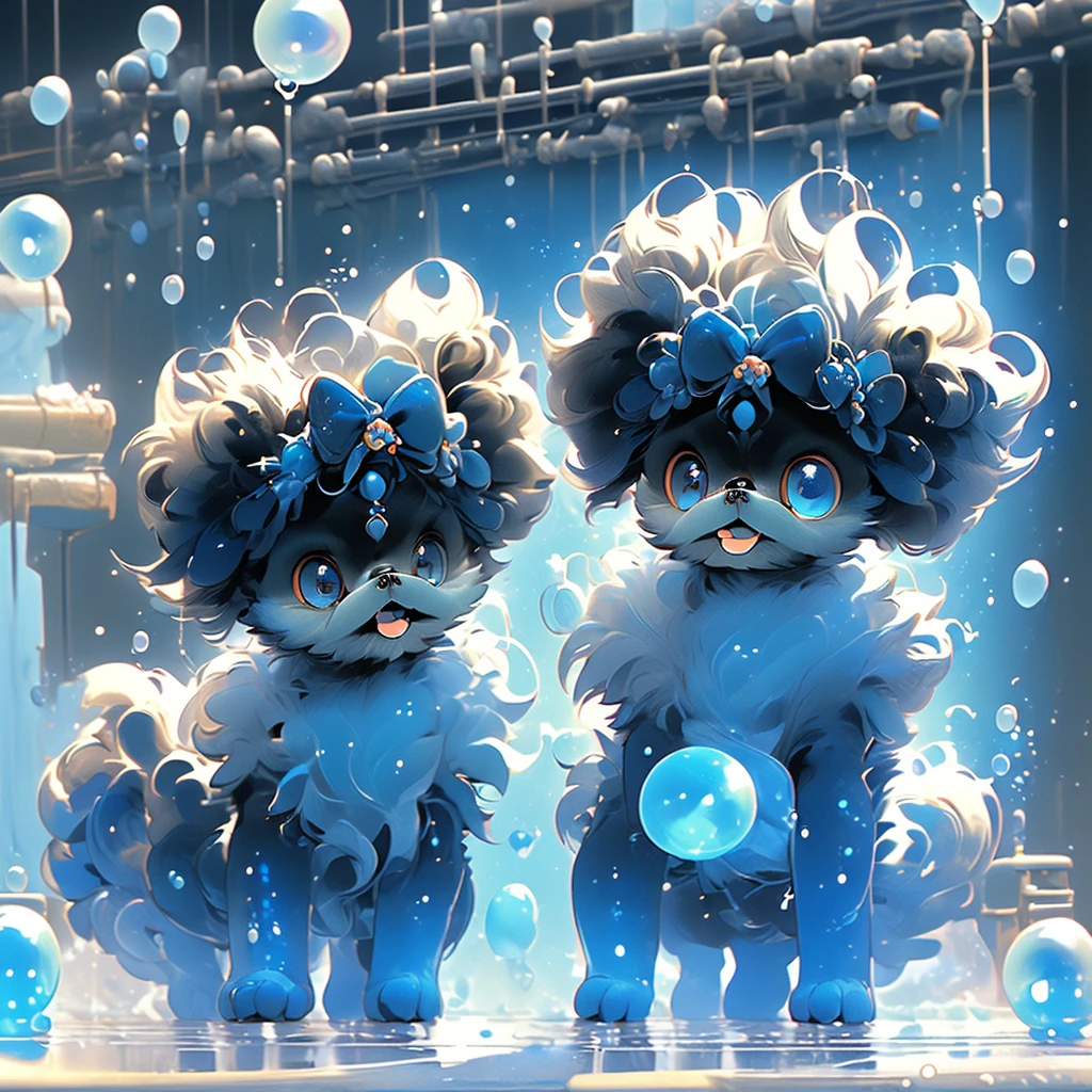 2  black Shih Tzu puppies with blue eyes, wearig goggles,  covered in shampoo bubbles, happy, playful, excited, vibrant bubbles in back ground