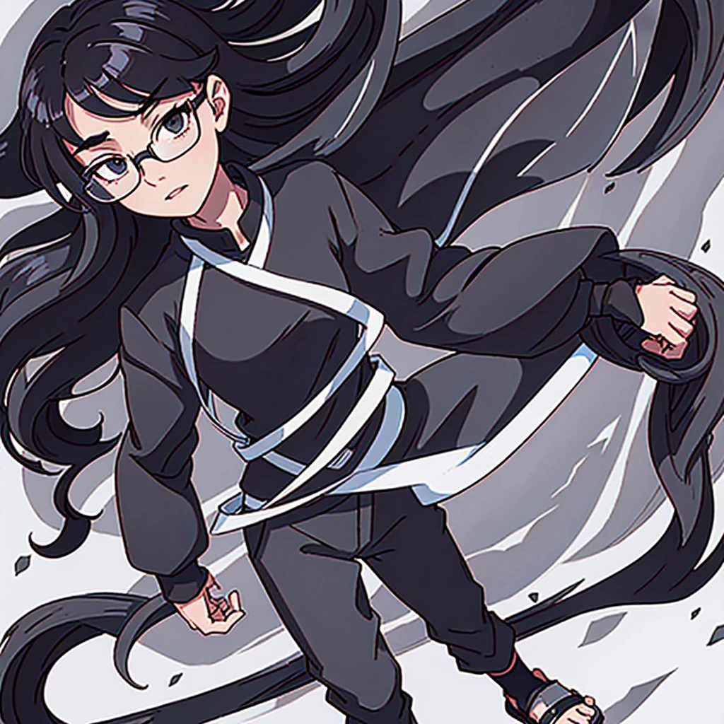 man,Swordsman,Height 169cm,Wear glasses,Black long-sleeved dress, black pants, fashion sandals,((With 5 inches))