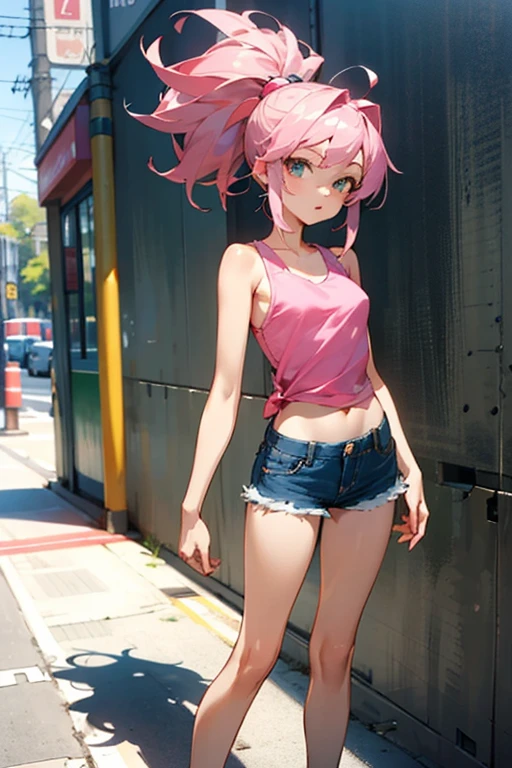 create an anime girl in a short denim skirt and a pink tank top 21 years old in an urban landscape